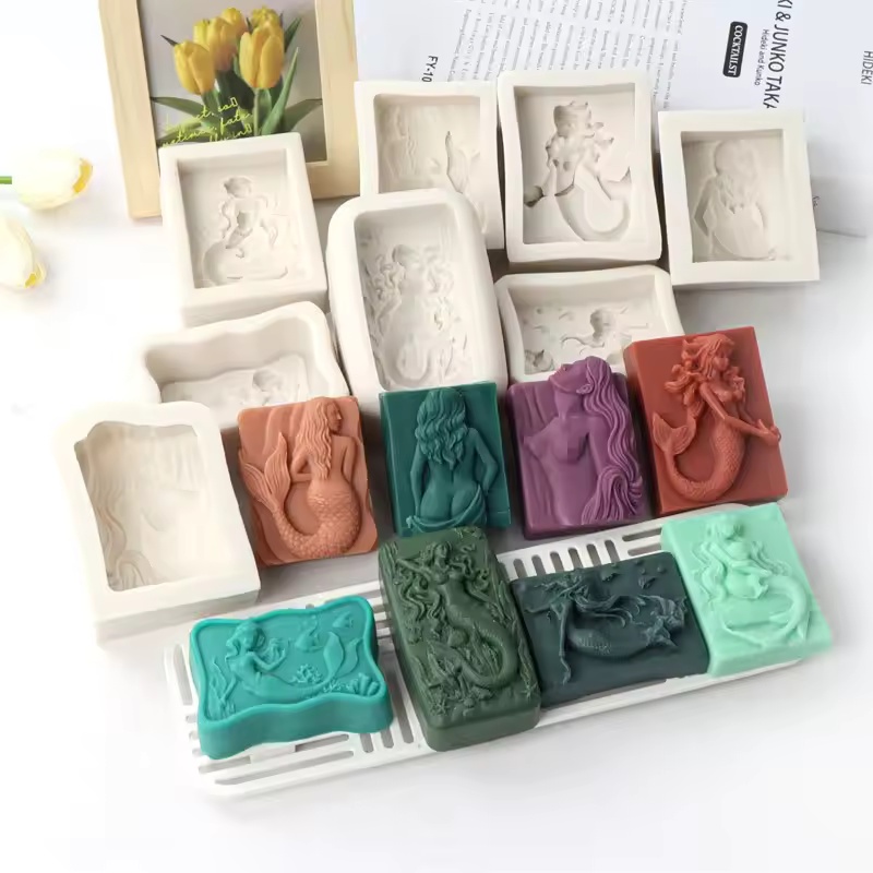 Soap Making Name - 長方形オーシャンスタイル3DマーメイドキャンドルモールドDIYレリーフマーメイドソープシリコンモールド手作りチョコレートアイスキューブ作成ツールデコレーション