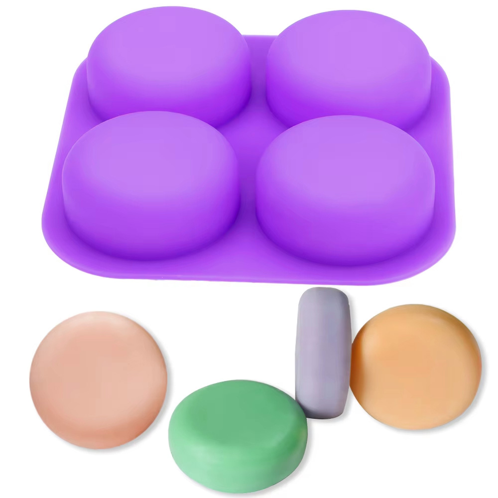 Soap Making Tray - 1-2個入り 4つの空洞を持つ再利用可能な丸型シリコン石鹸型トレイ DIY手作りクラフト用型 石鹸作りやケーキデコレーションツール用